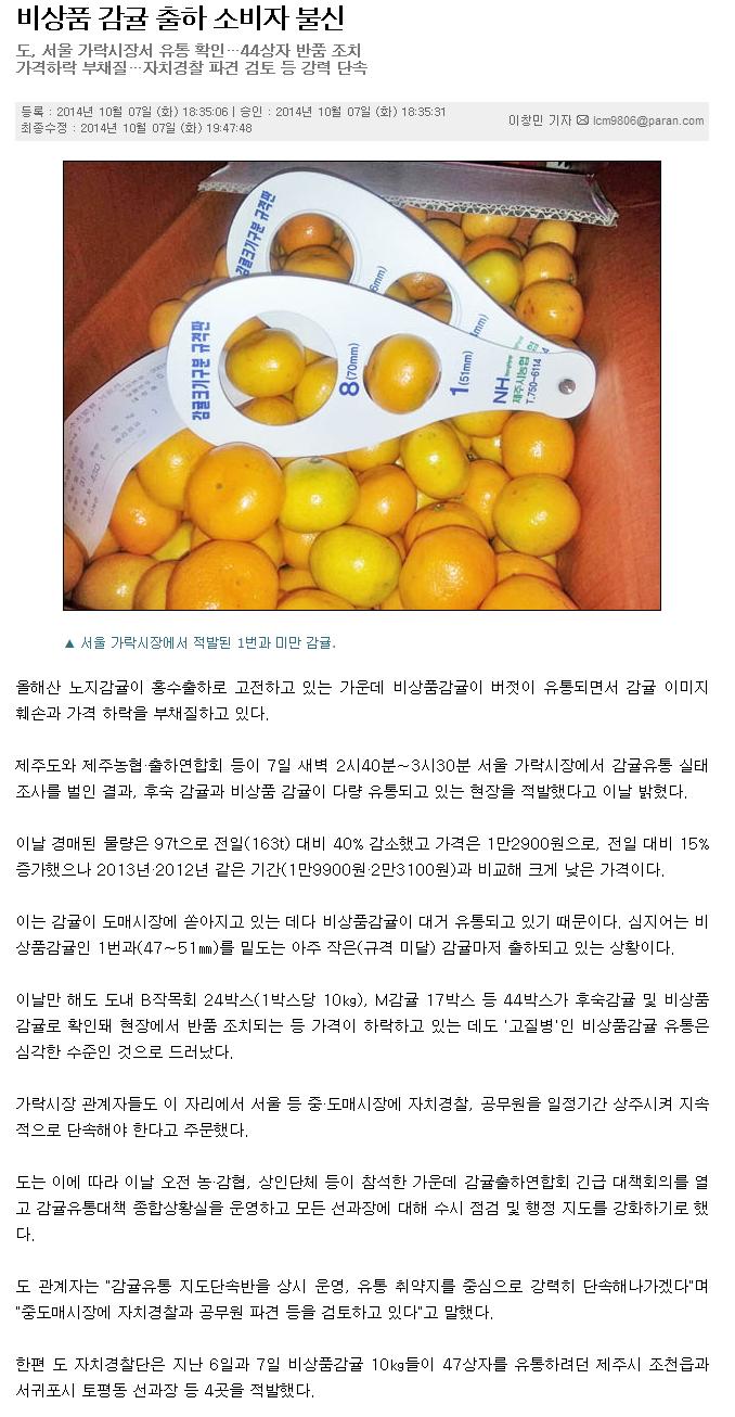 비상품 감귤 출하 소비자 불신