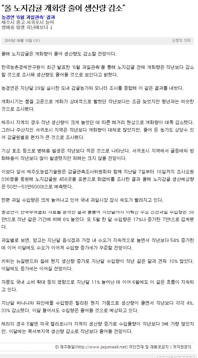 올노지감귤 개화량 줄어 생산량 감소