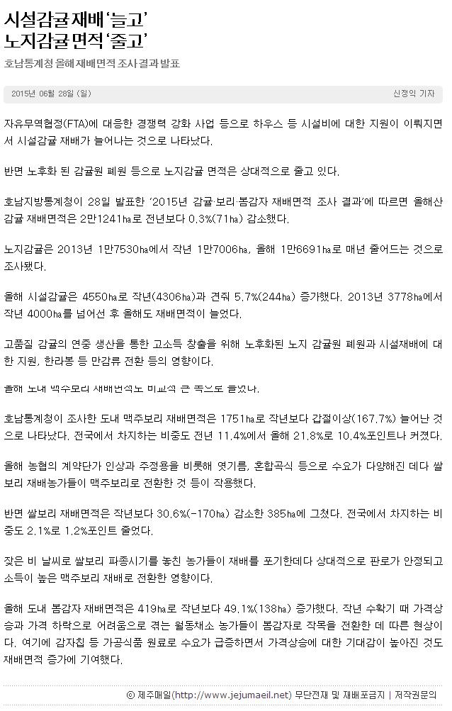 시설감귤재배 늘고, 노지감귤면적 줄고