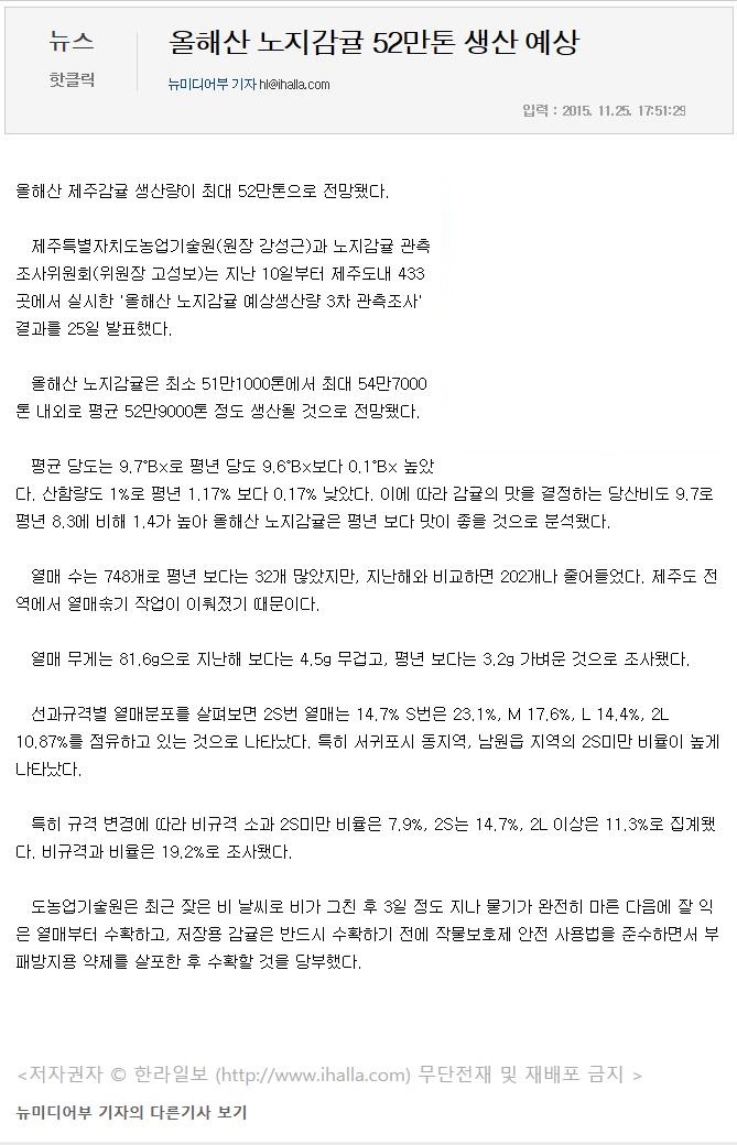 올해산 노지감귤 52만톤 생산예상