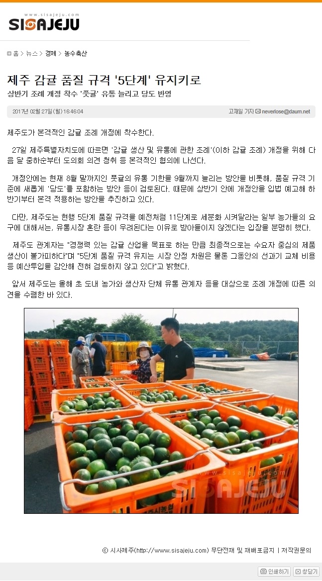 제주감귤품질 규격'5단계'유지키로