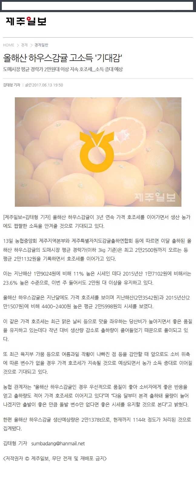 올해산 하우스감귤 고소득