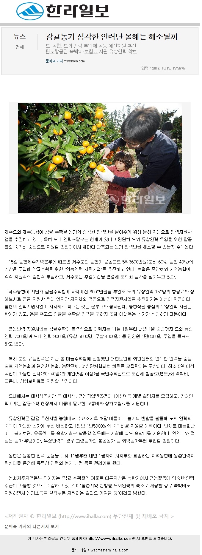 감귤농가 심각한 인력난 올해는 해소될까