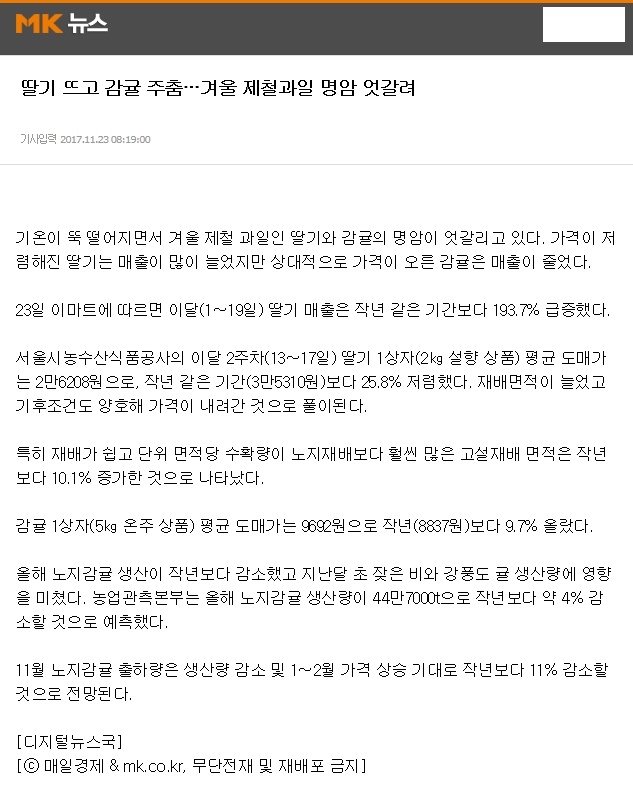 딸기 뜨고,,감귤 주춤...