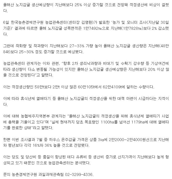 올해산 노지감귤 적정생산 ‘비상’