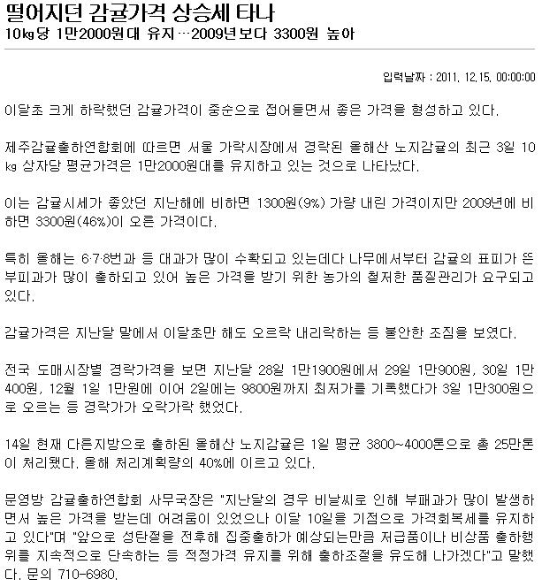 떨어지던 감귤가격 상승세 타나