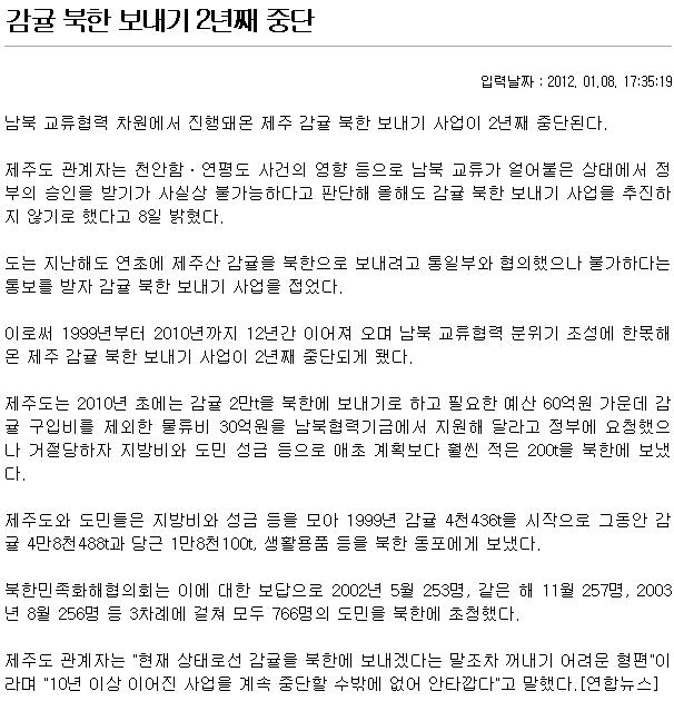 감귤 북한 보내기 2년째 중단